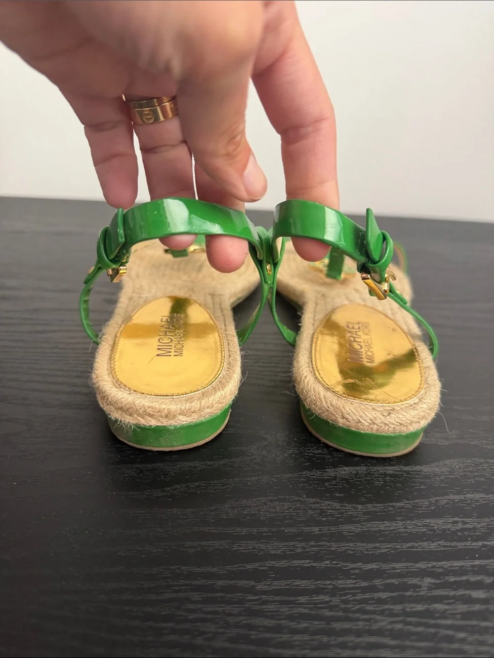 Michael Kors Green Leather MK Medallion Espadrille Sandals